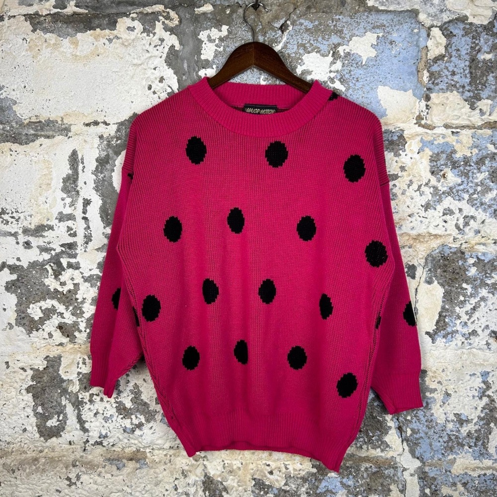 Major Motion Polka Dot Sweater Women L Pink Excellent Retro 80s USA Made